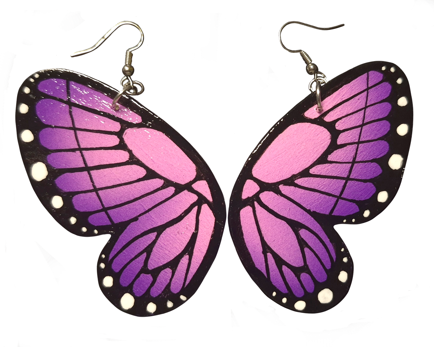 Butterfly wing earrings with pink and purple gradient on a white background