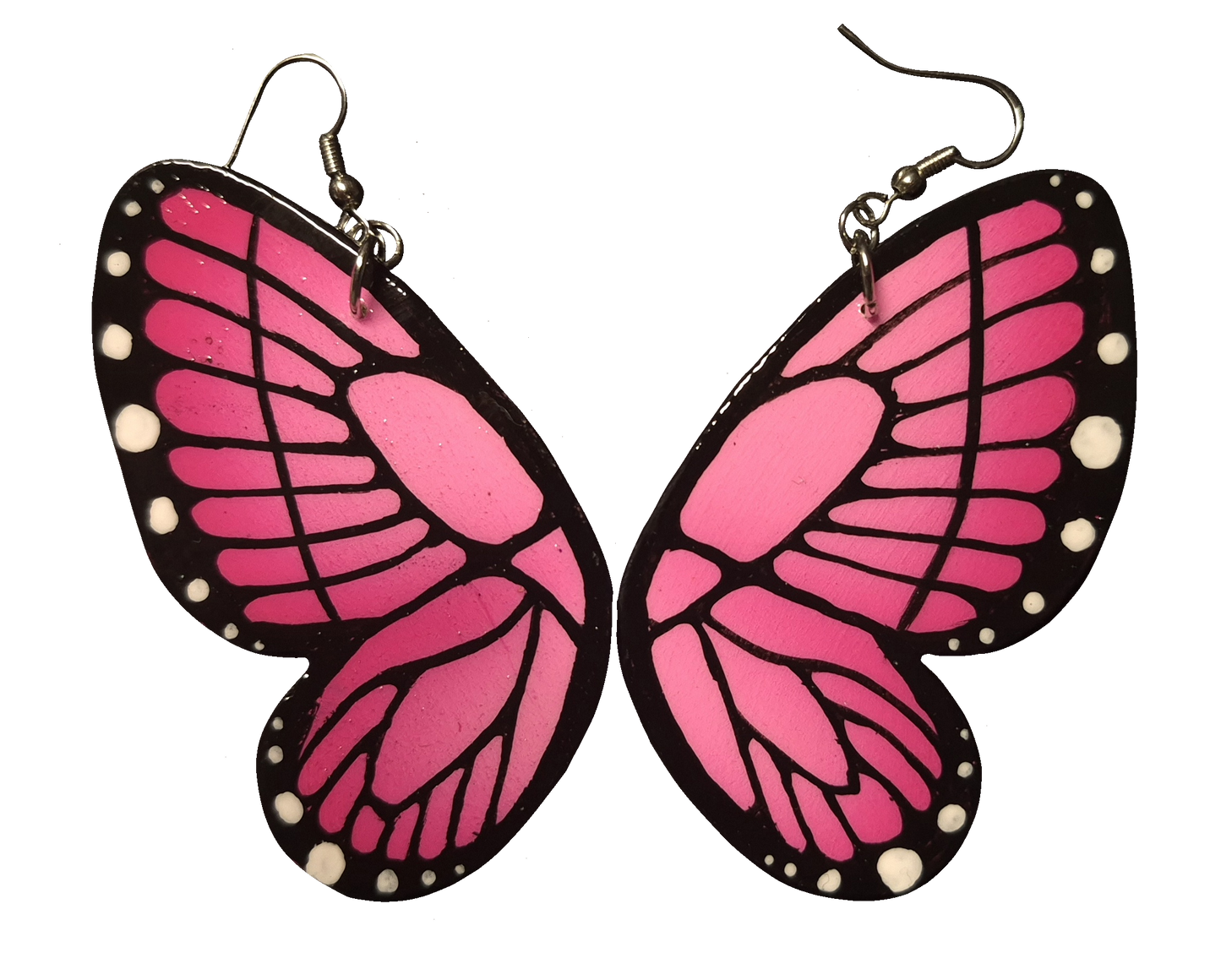 Pink butterfly wing earrings on a white background
