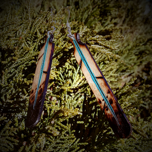 Turquoise Wood Burned Feather Earrings