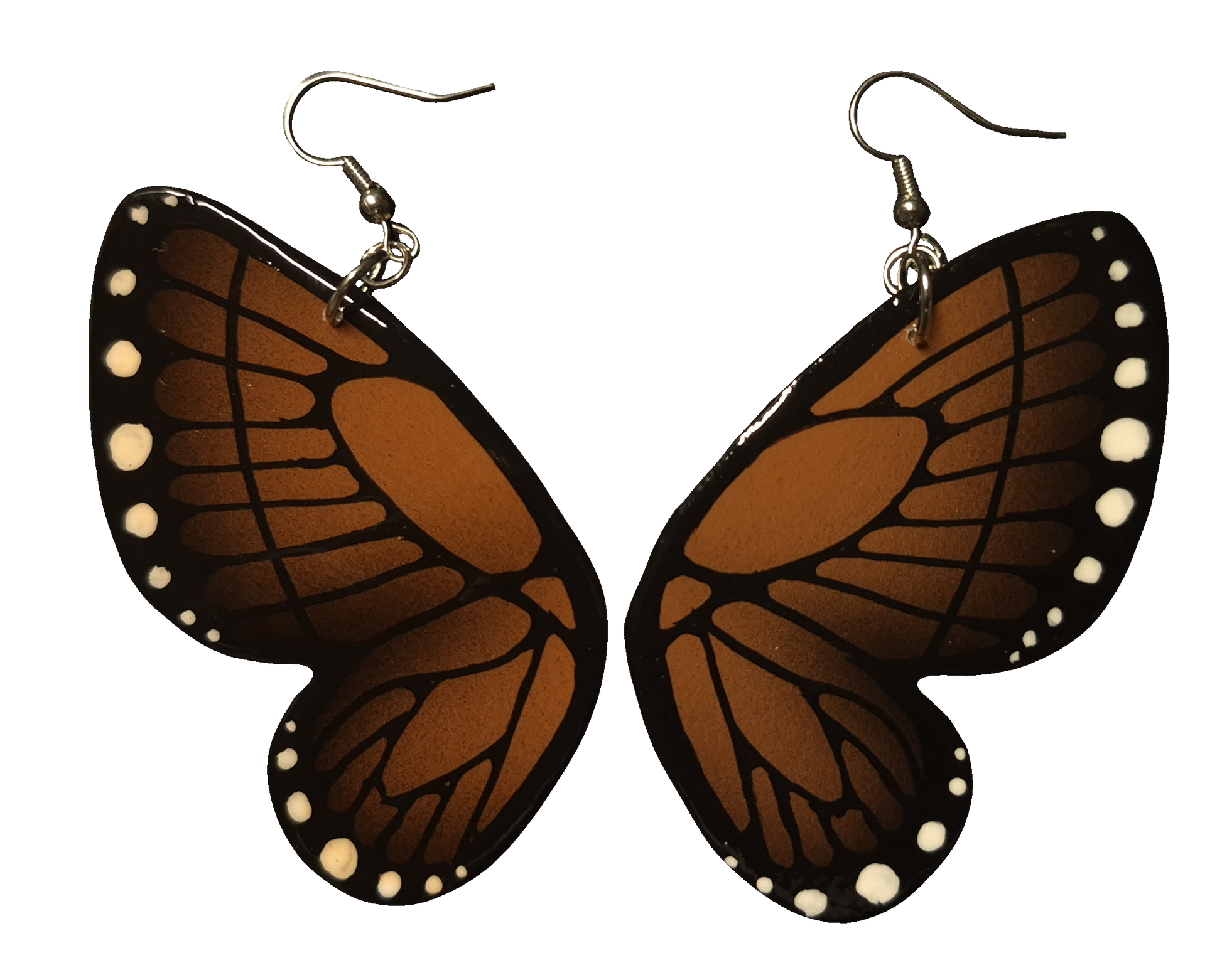 brown and black Butterfly wing earrings on a white background