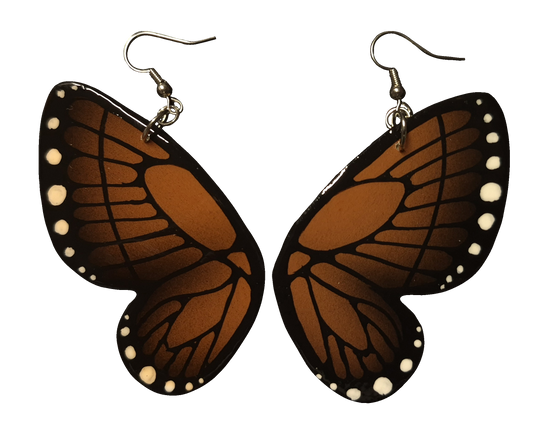 brown and black Butterfly wing earrings on a white background