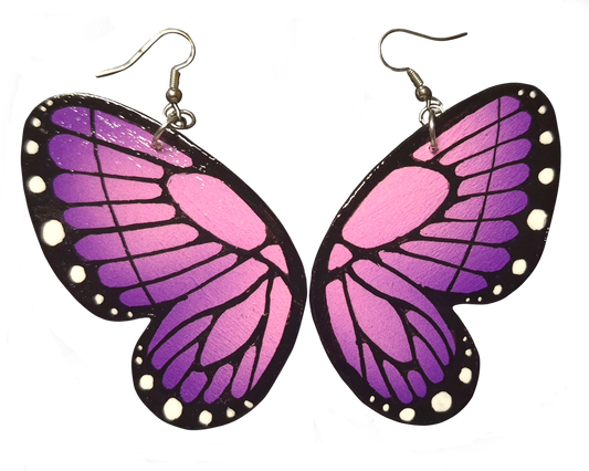 Butterfly wing earrings with pink and purple gradient on a white background