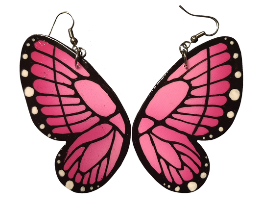 Pink butterfly wing earrings on a white background