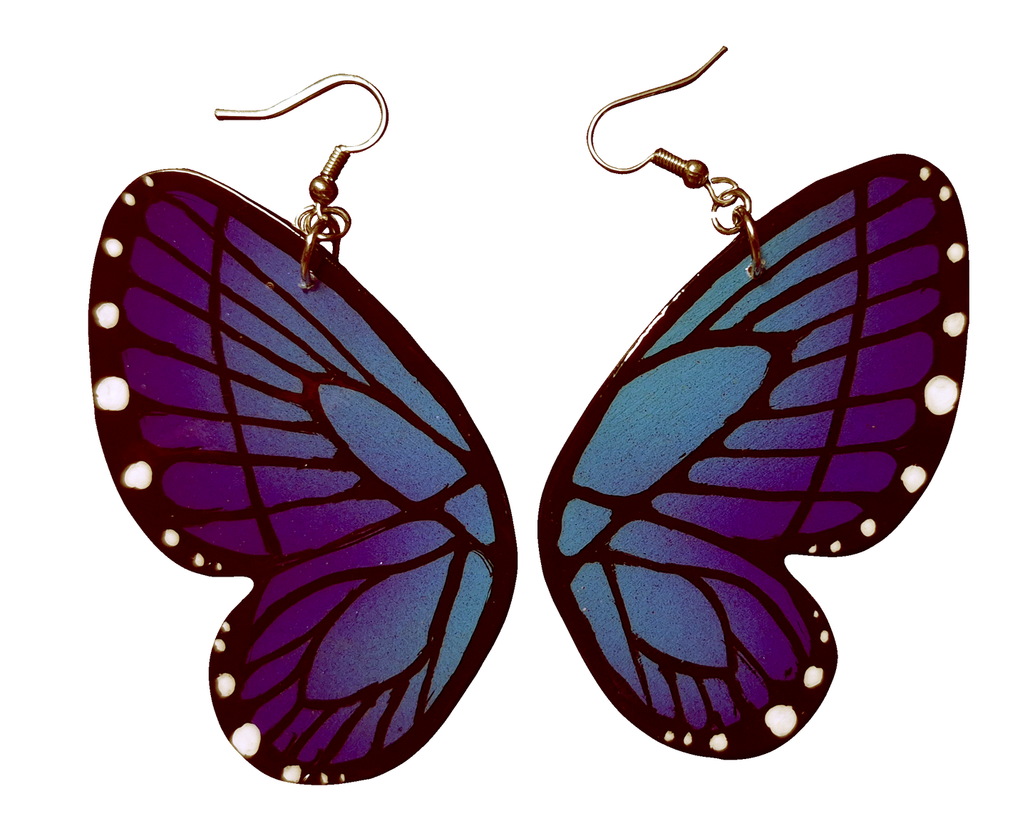 Butterfly-shaped earrings with purple and blue wings on a white background