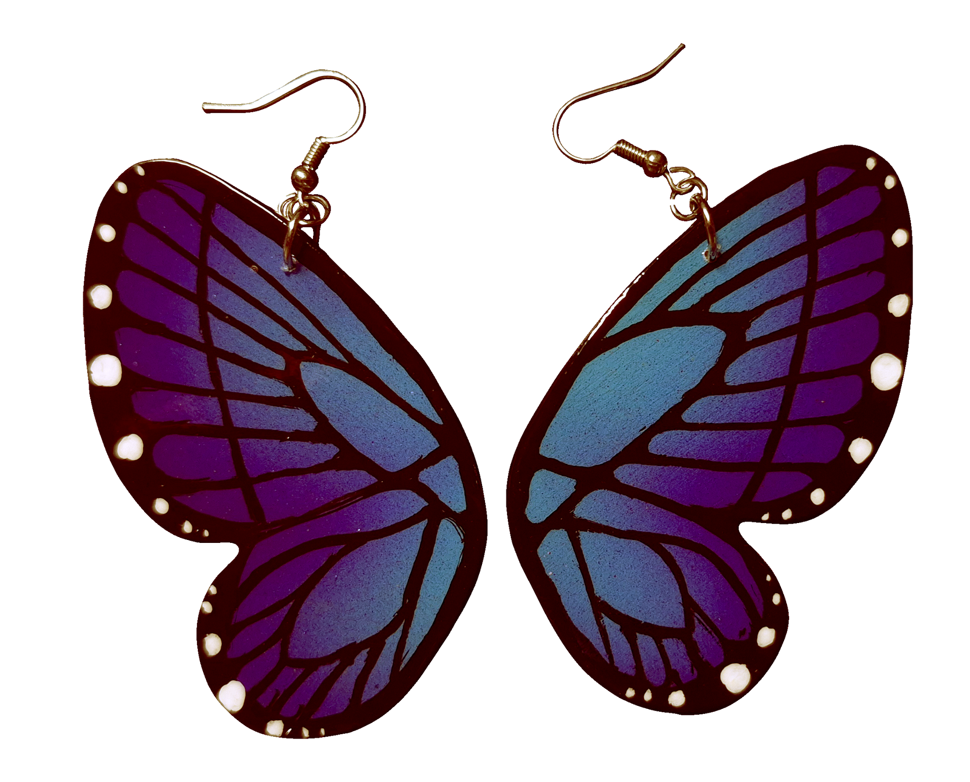 Butterfly-shaped earrings with purple and blue wings on a white background