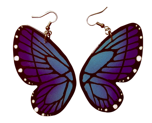 Butterfly-shaped earrings with purple and blue wings on a white background