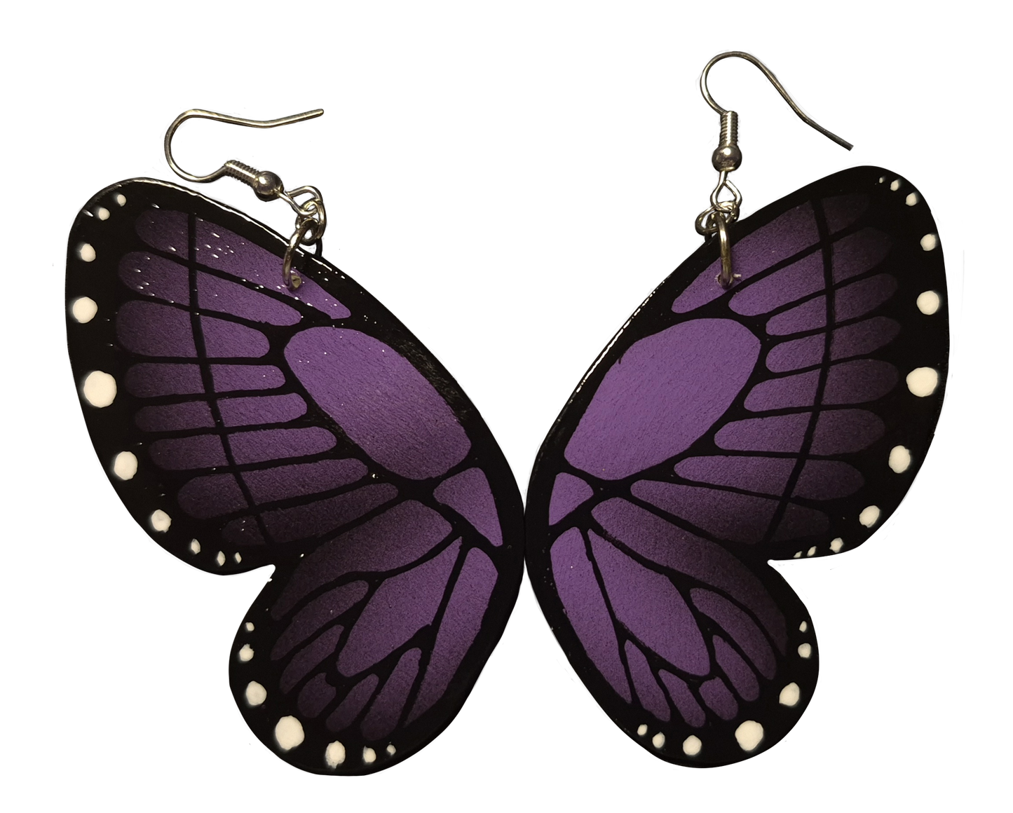Butterfly-shaped earrings with purple wings on a white background