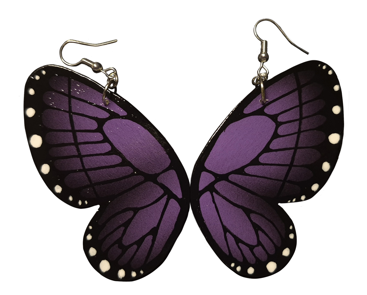Butterfly-shaped earrings with purple wings on a white background