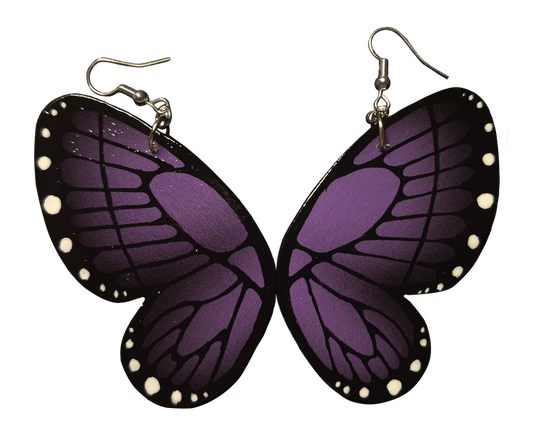 Butterfly-shaped earrings with purple wings on a white background
