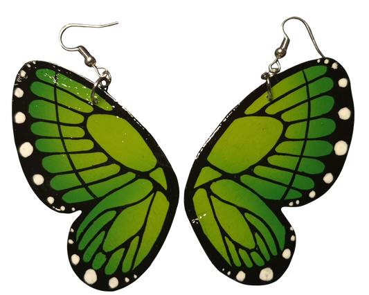 Green butterfly wing earrings on a white background