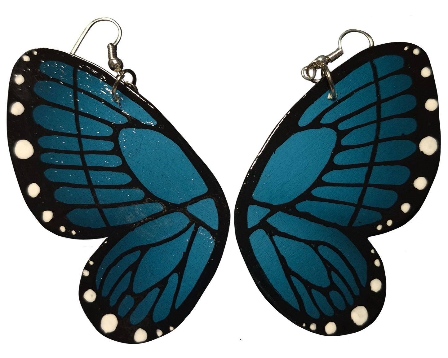 Blue butterfly-shaped earrings on a white background