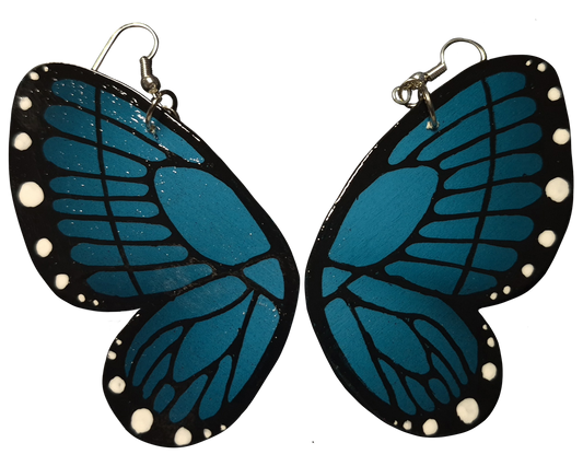 Blue butterfly-shaped earrings on a white background