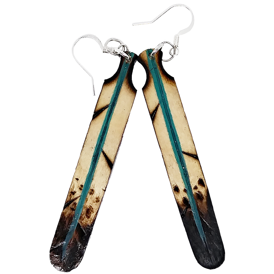 Turquoise Wood Burned Feather Earrings
