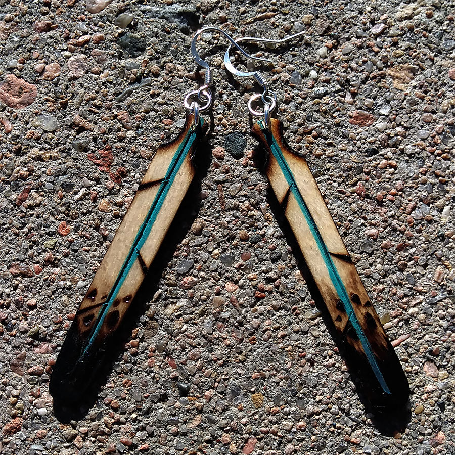 Turquoise Wood Burned Feather Earrings